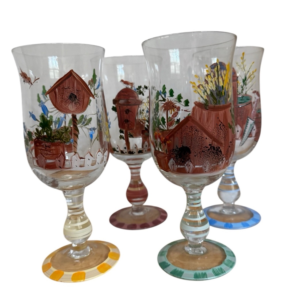 Madeira 8" Wine Glasses Set of 4 hand painted Bird Houses Floral